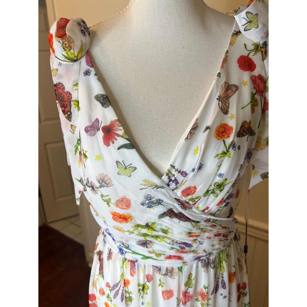 Mac Duggal Floral Butterfly Print Tiered Maxi Dress White V-Neck Tie Shoulder 4 - Picture 7 of 16